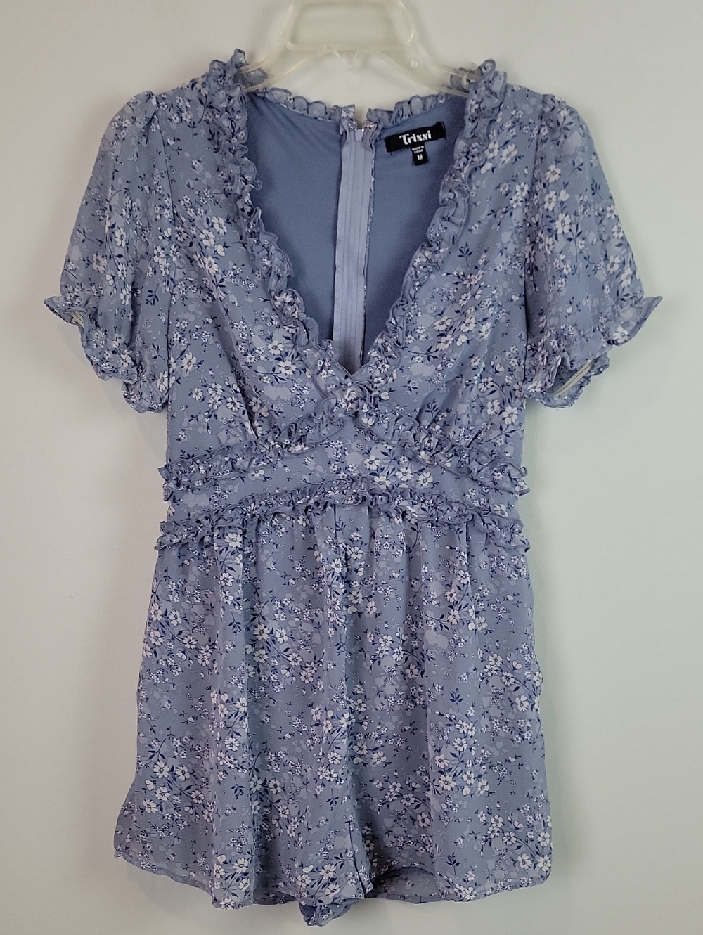 TRIXXI ruffle blue floral romper Medium